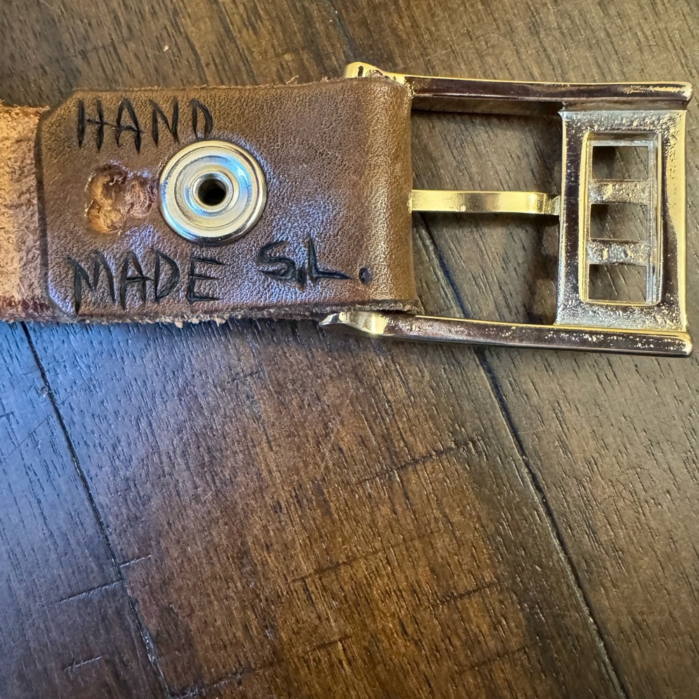 Hand Tooled Leather Belt w Gold Tone Buckle 31” Length Western Navajo Etched - Picture 3 of 7